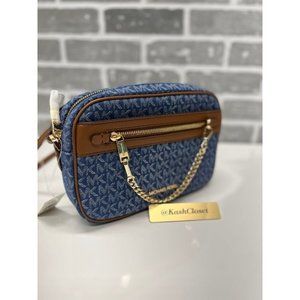 Michael Kors Chain Crossbody Denim Multi  Zip Xbody Messenger Signature Blue MK